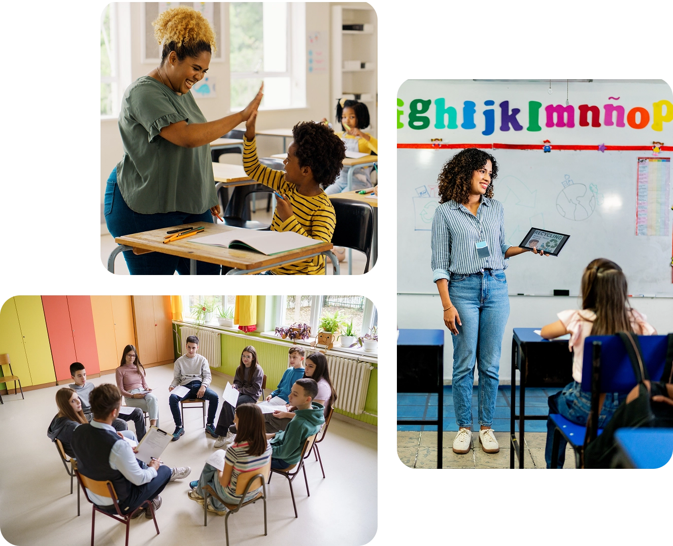 Teachers interacting with students in classrooms.